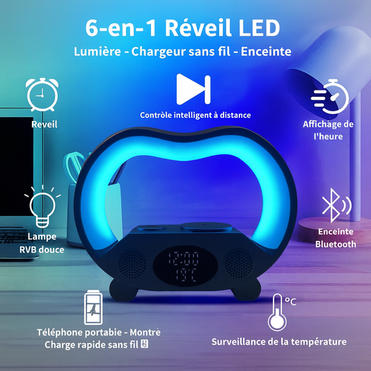 Lampe de Chevet 6-en-1 avec Haut-Parleur Bluetooth et Chargeur Sans Fil 15W™