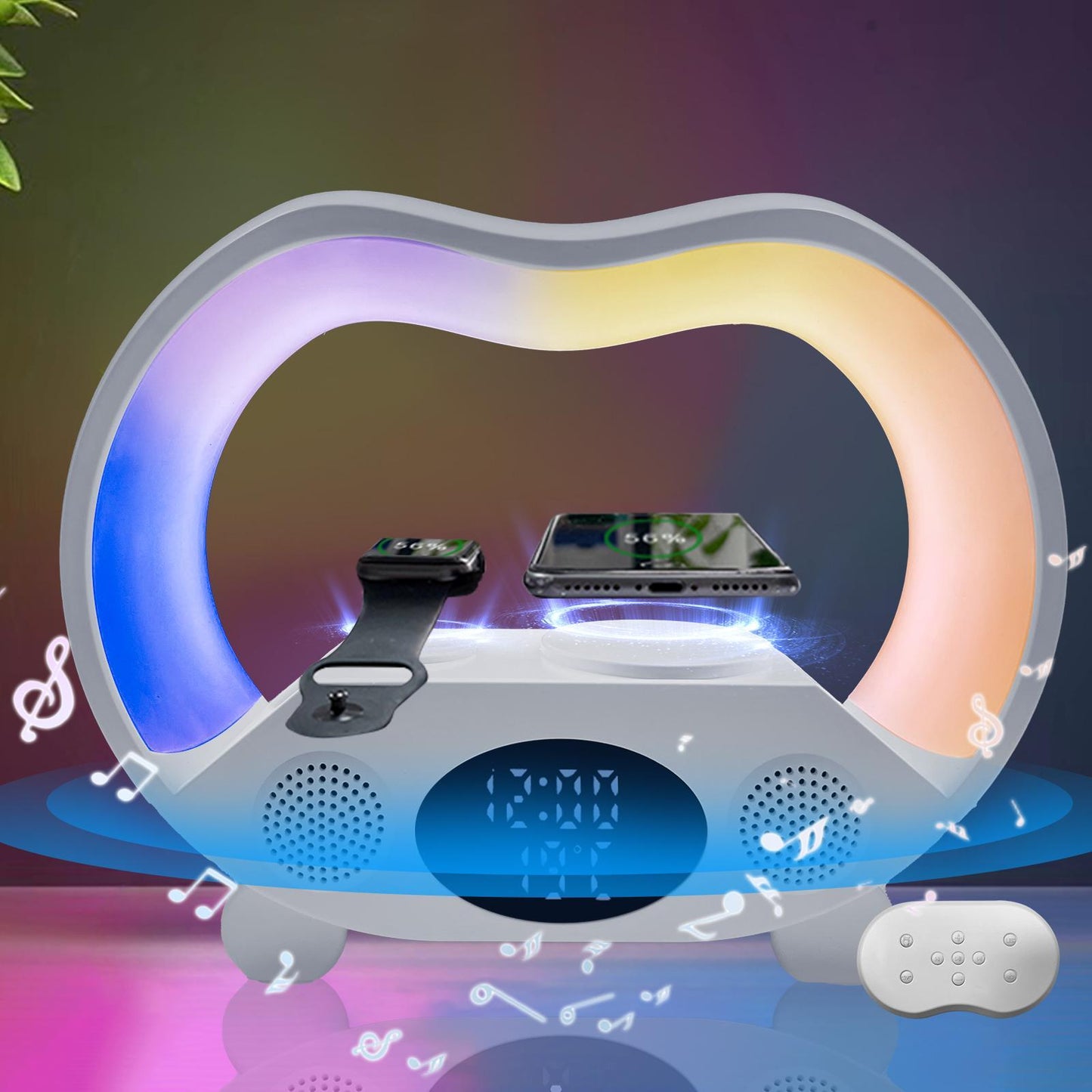 Lampe de Chevet 6-en-1 avec Haut-Parleur Bluetooth et Chargeur Sans Fil 15W™