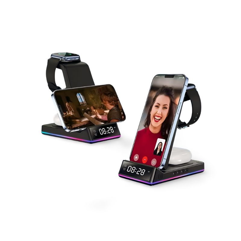 Chargeur Sans Fil 5-en-1 – 15W avec Horloge LED RGB™