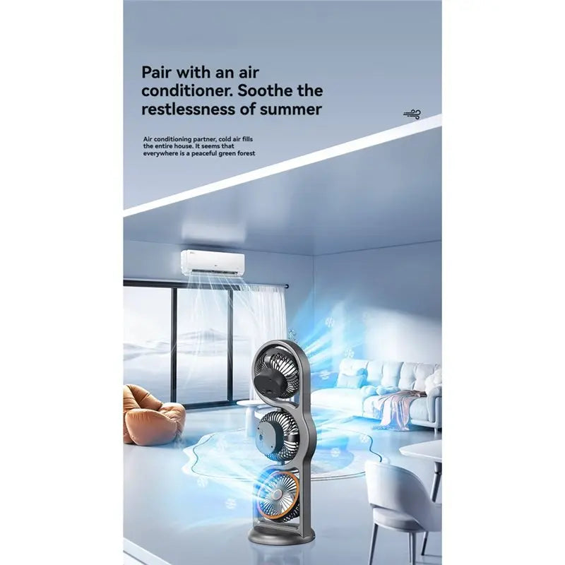 YCOC-USB Rechargeable Portable Three-Head Fan 5-Speed Wind 360° Circulation Dormitory and Outdoor Desktop Fan