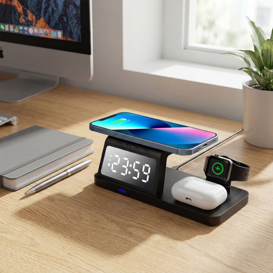 Station de Charge Sans Fil 4-en-1 avec Horloge & Réveil™